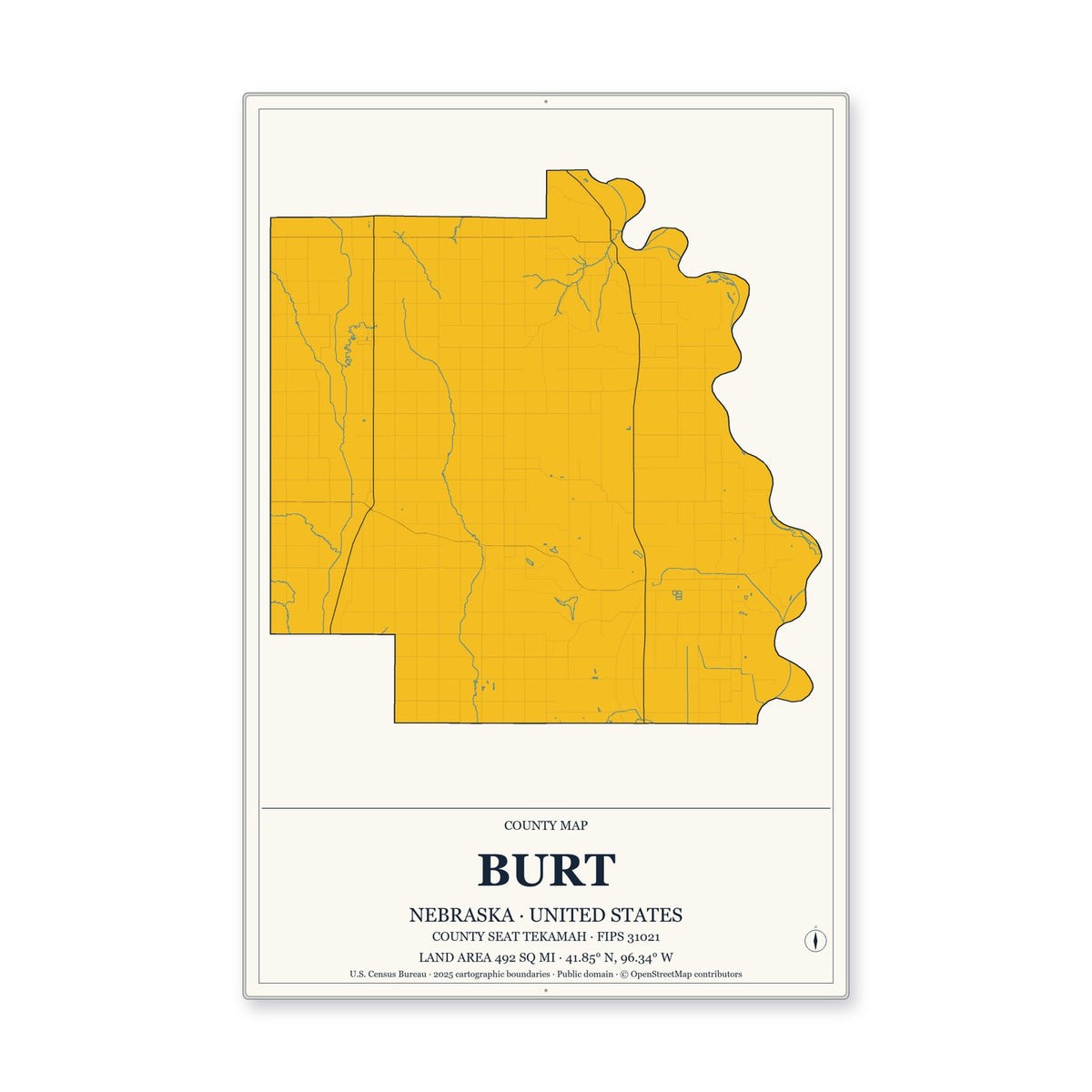 Burt County, Nebraska Map Aluminum Sign in Citrine Modern style