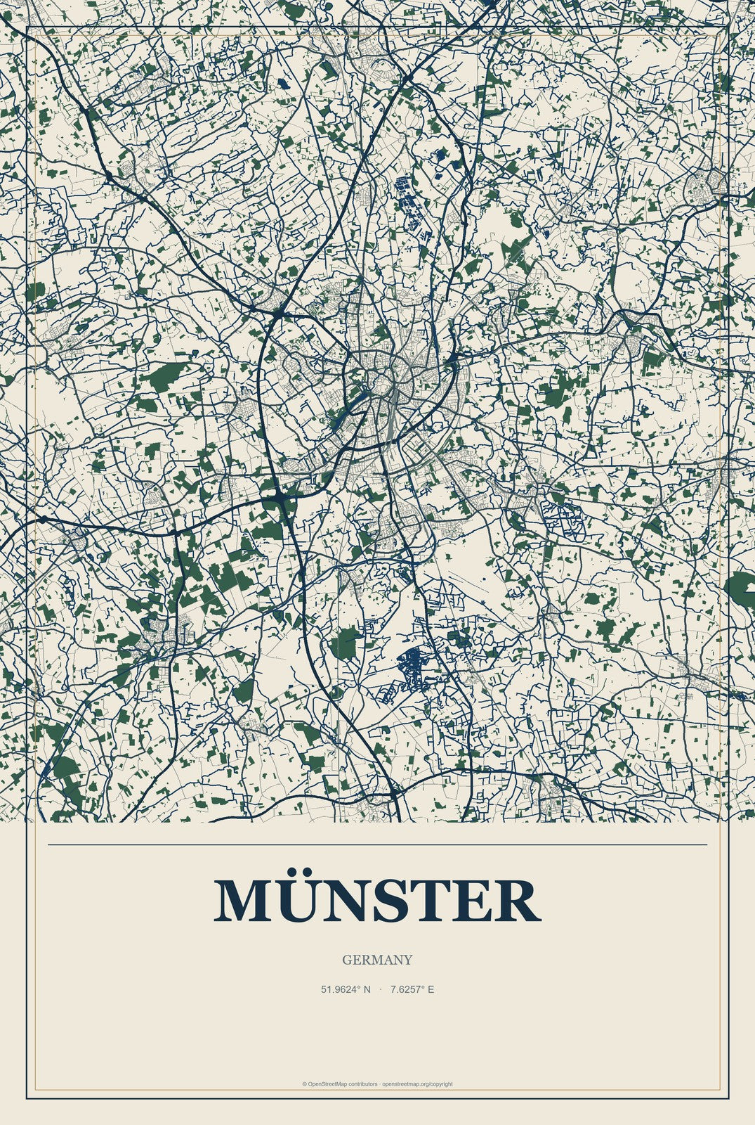 Münster, North Rhine-Westphalia, Germany City Map Aluminum Sign in Coastal Cutout style