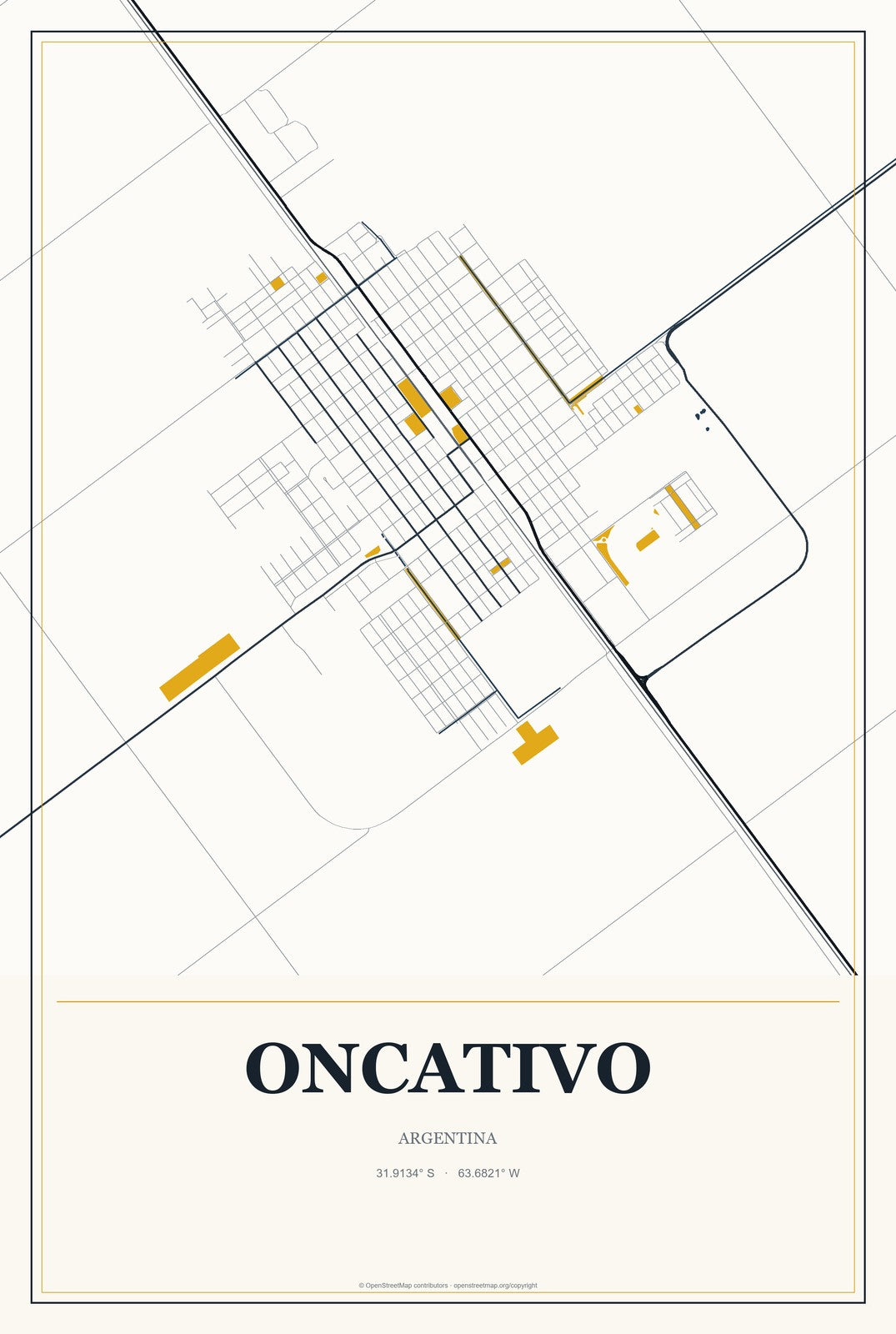 Oncativo, Argentina City Map Aluminum Sign in Citrine Modern style