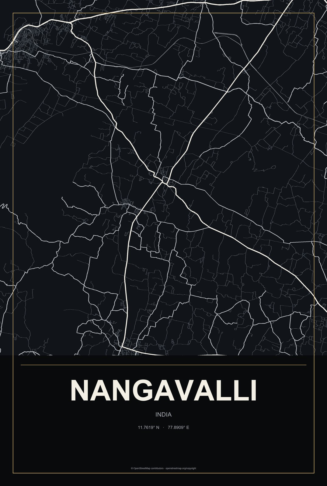 Nangavalli, India City Map Aluminum Sign in Metropolitan Noir style
