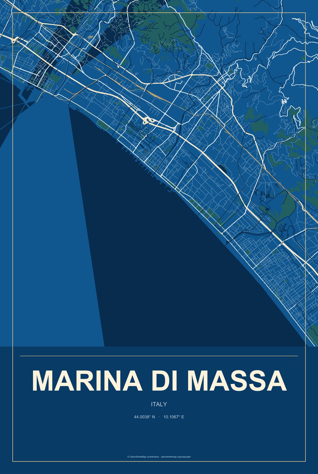 Marina di Massa, Italy City Map Aluminum Sign in Harbor Cobalt style