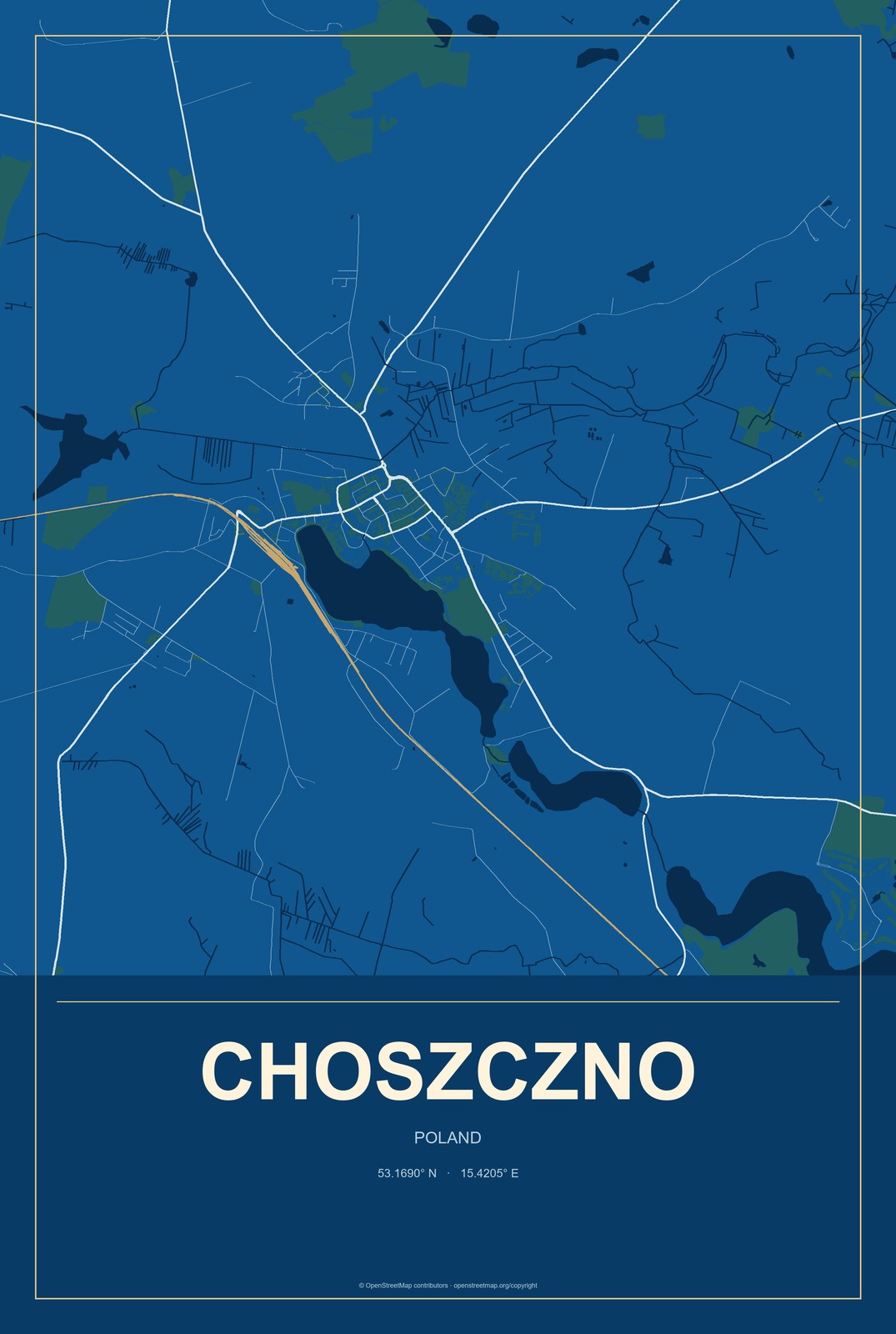Choszczno, Poland City Map Aluminum Sign in Harbor Cobalt style