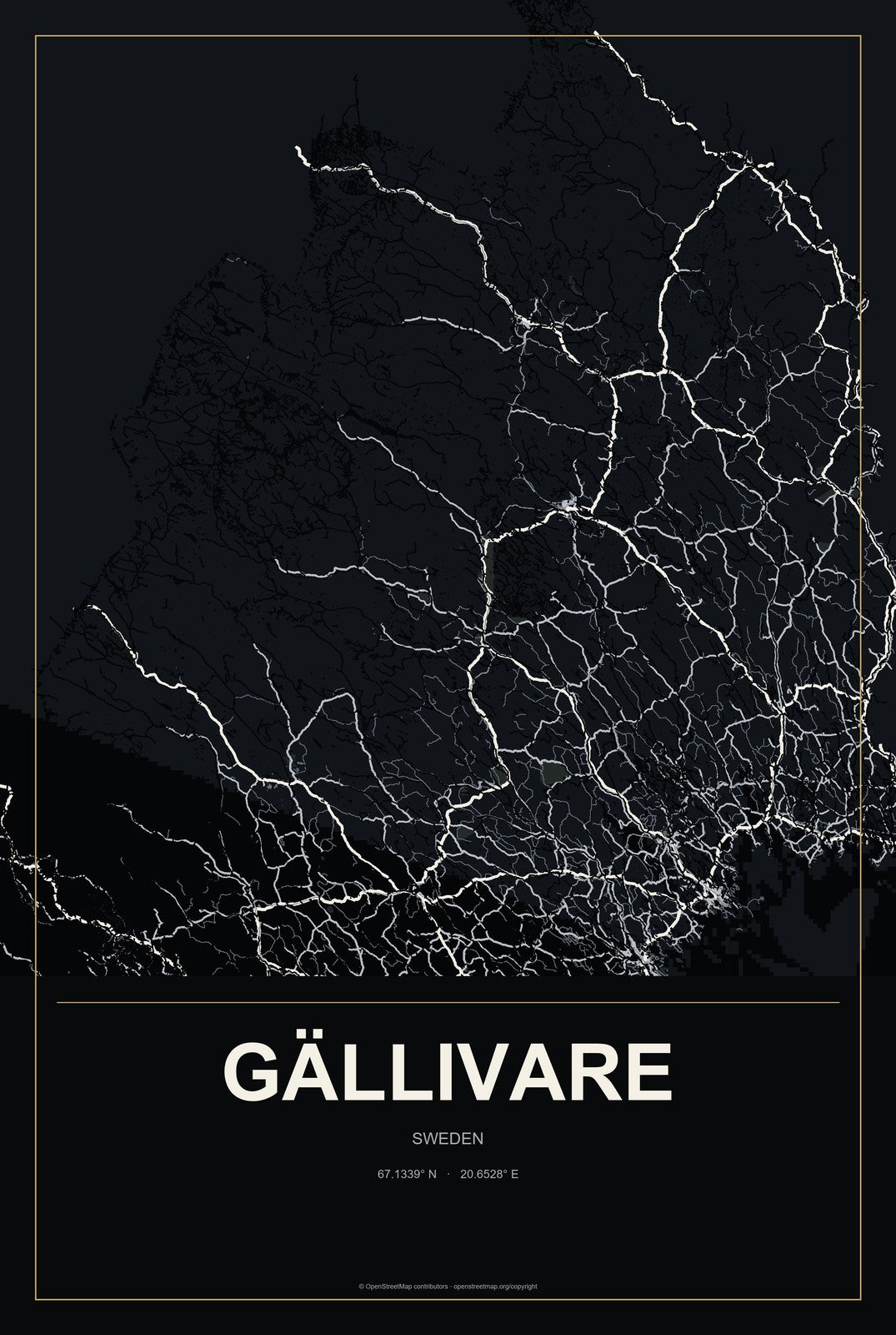 Gällivare, Sweden City Map Aluminum Sign in Metropolitan Noir style