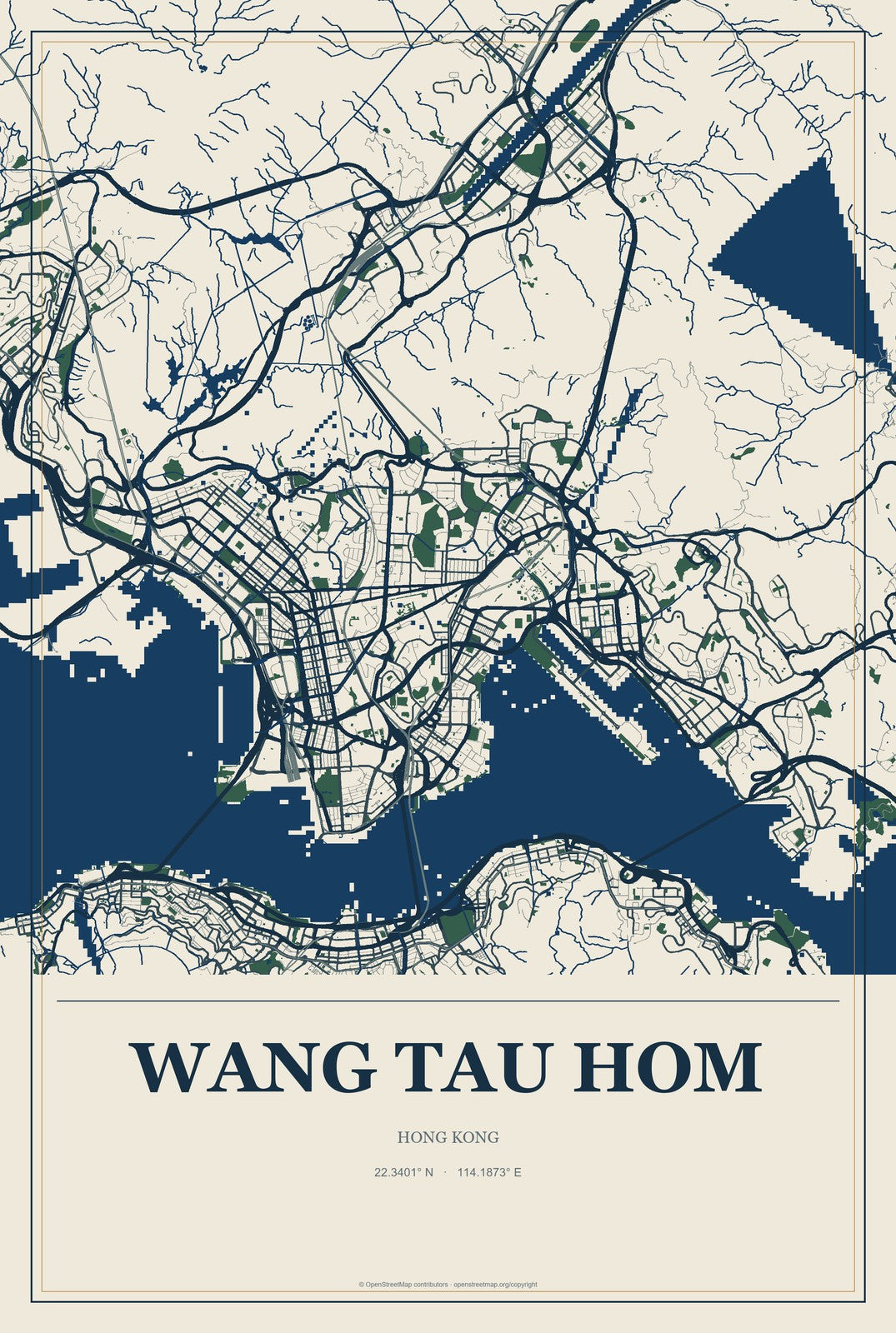 Wang Tau Hom, Hong Kong City Map Aluminum Sign in Coastal Cutout style
