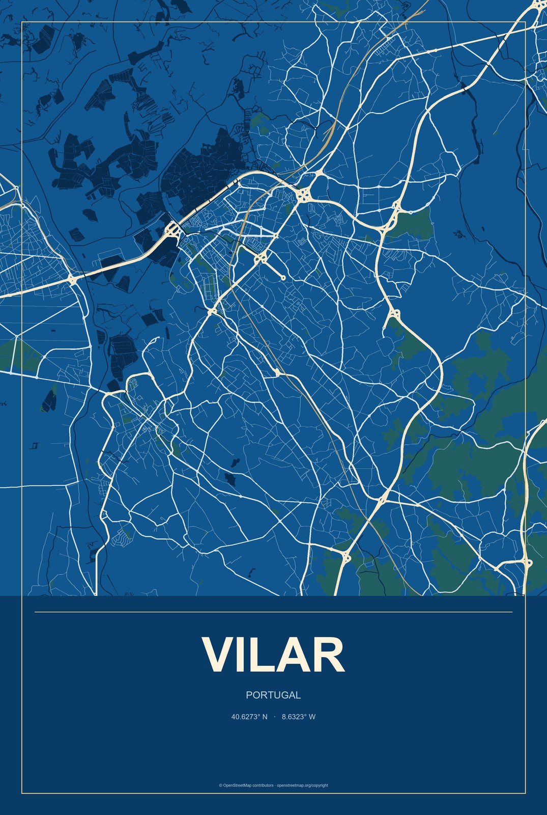 Vilar, Portugal City Map Aluminum Sign in Harbor Cobalt style