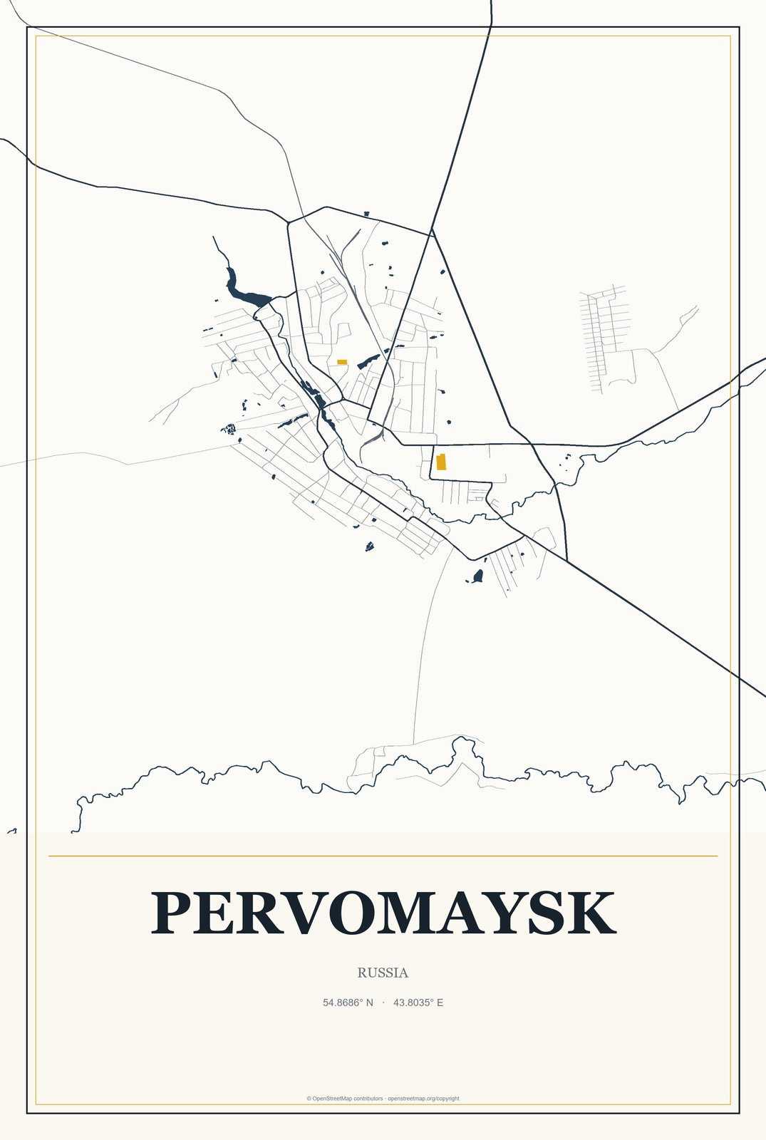 Pervomaysk, Russia City Map Aluminum Sign in Citrine Modern style