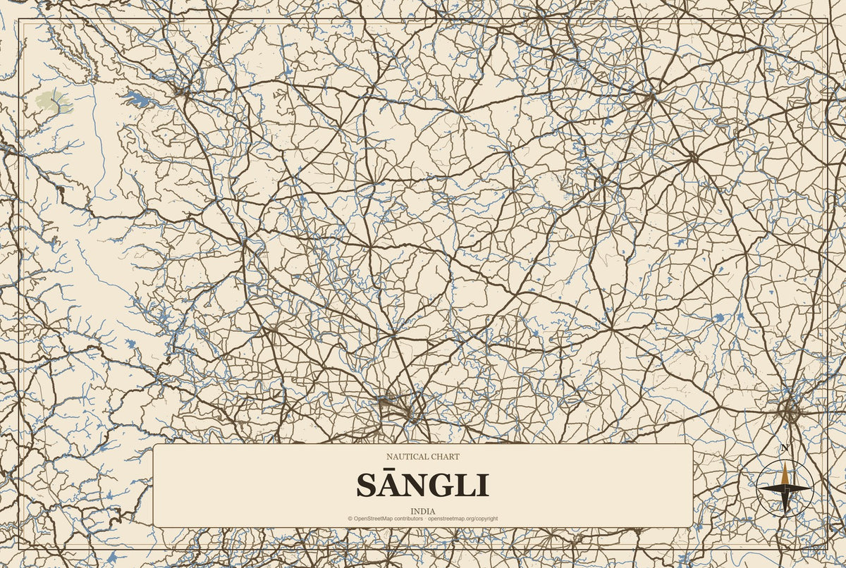 Sāngli, India City Map Aluminum Sign in Heritage Nautical style