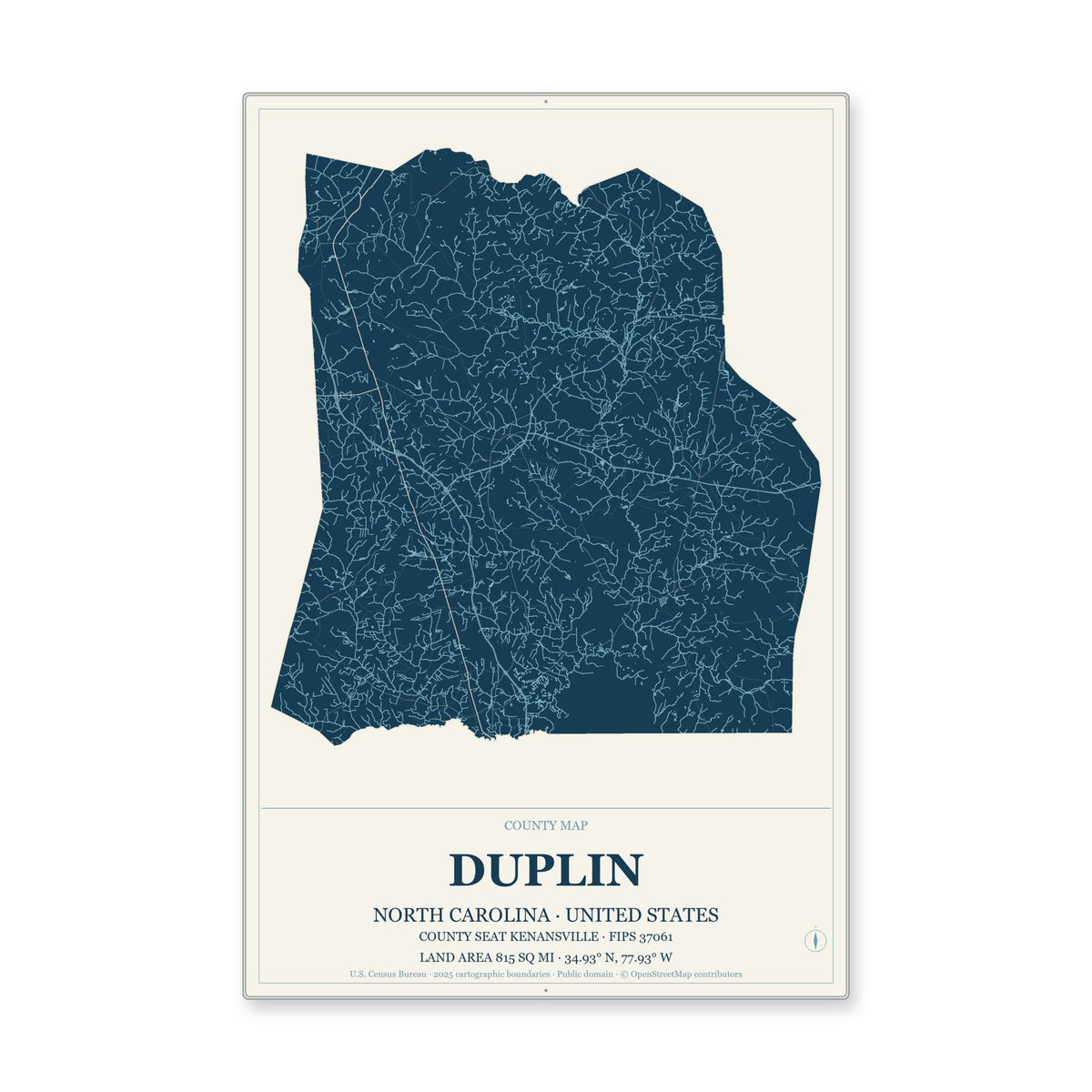 Duplin County, North Carolina Map Aluminum Sign in Coastal Cutout style