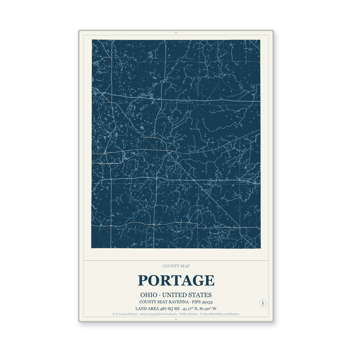 Portage County, Ohio Map Aluminum Sign in Coastal Cutout style