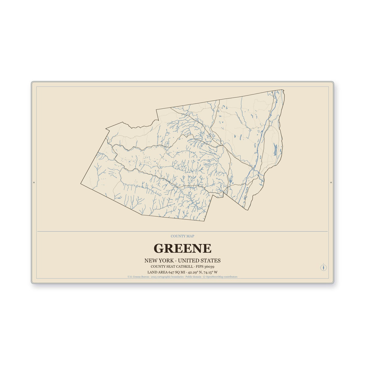 Greene County, New York Map Aluminum Sign in Heritage Nautical style