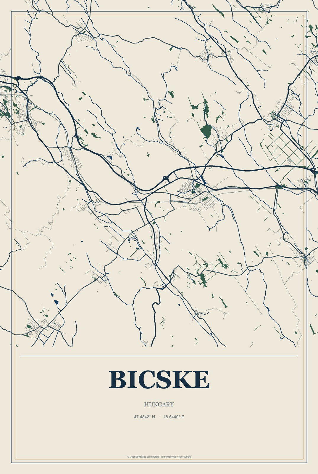 Bicske, Hungary City Map Aluminum Sign in Coastal Cutout style