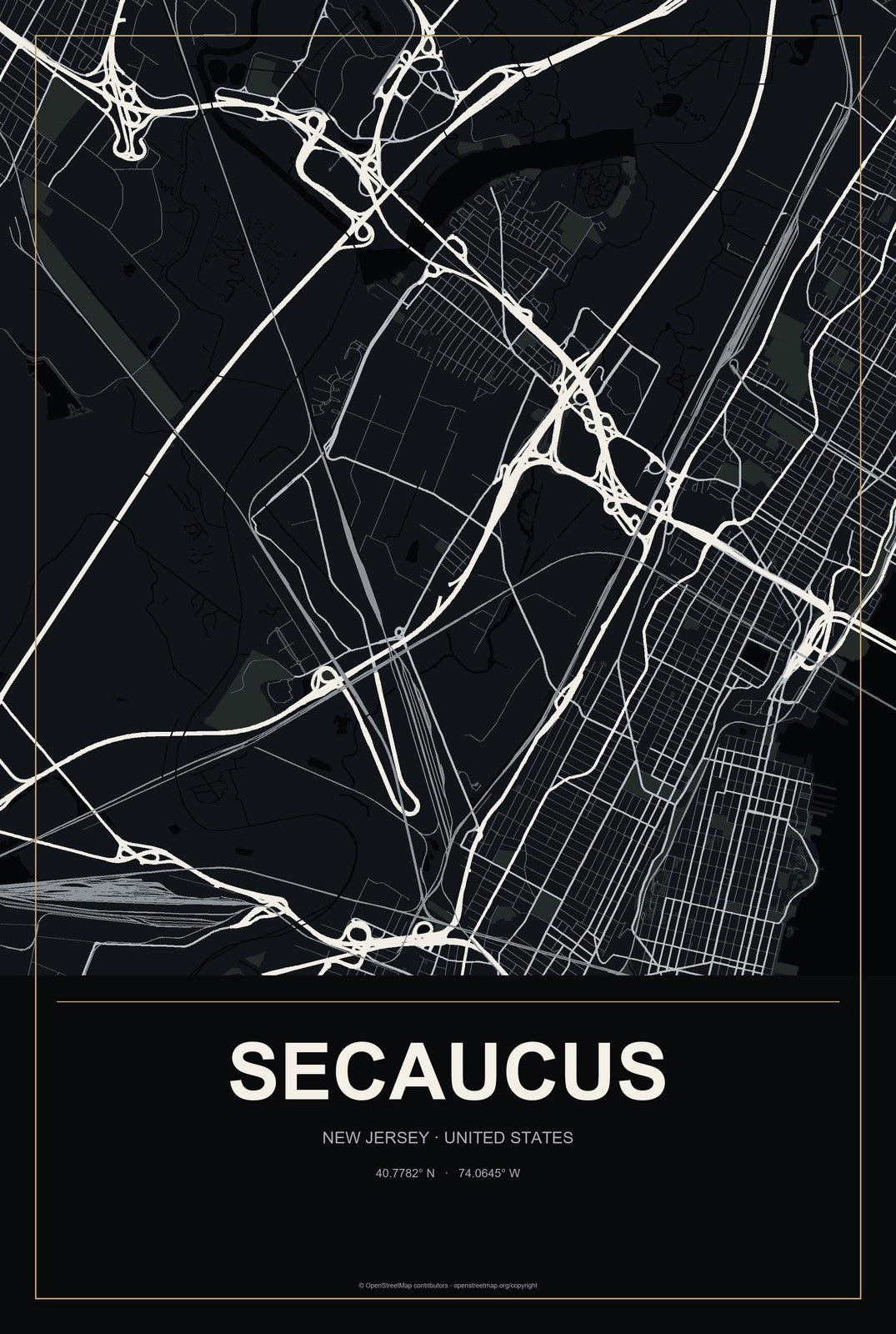 Secaucus, New Jersey City Map Aluminum Sign in Metropolitan Noir style