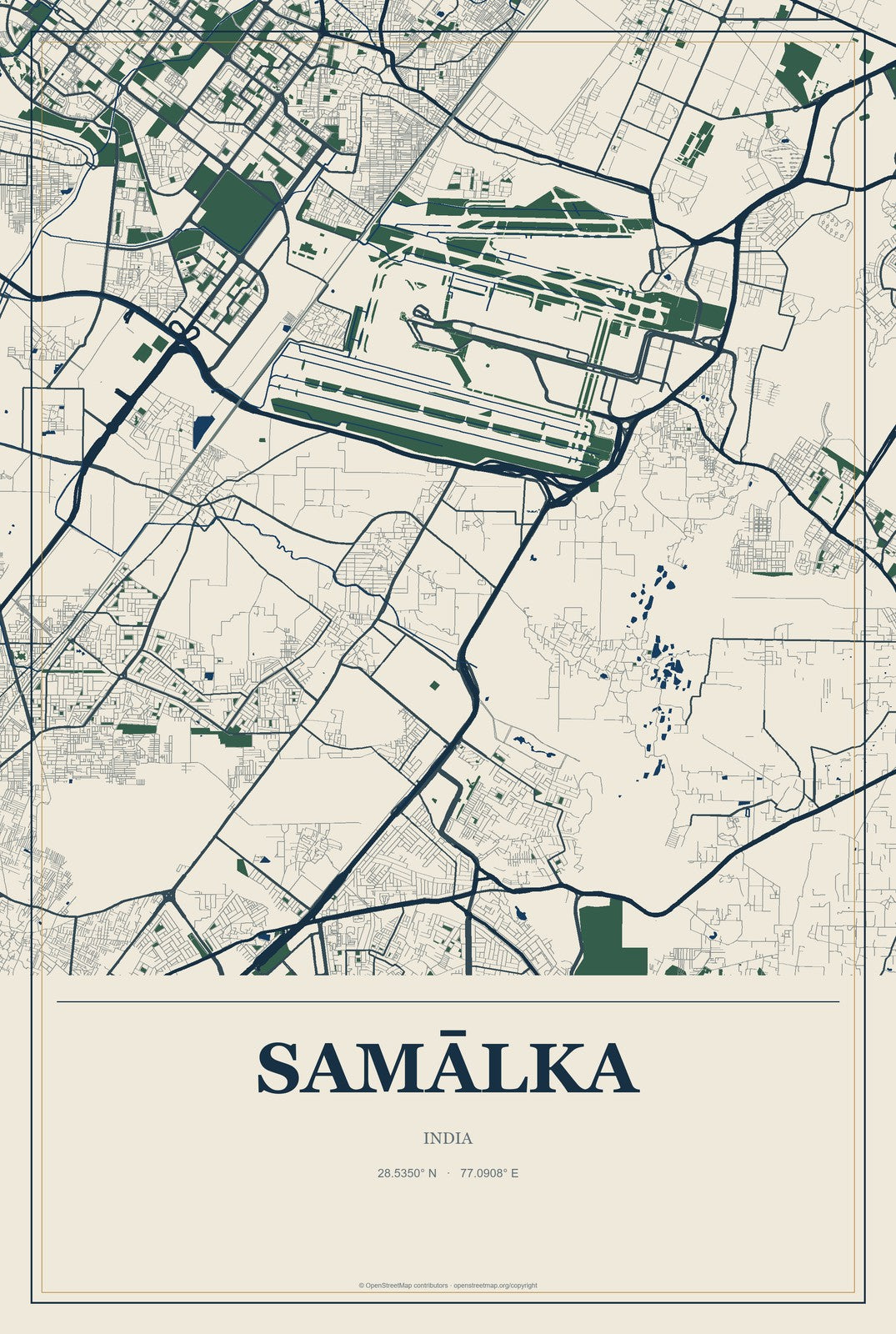 Samālka, India City Map Aluminum Sign in Coastal Cutout style