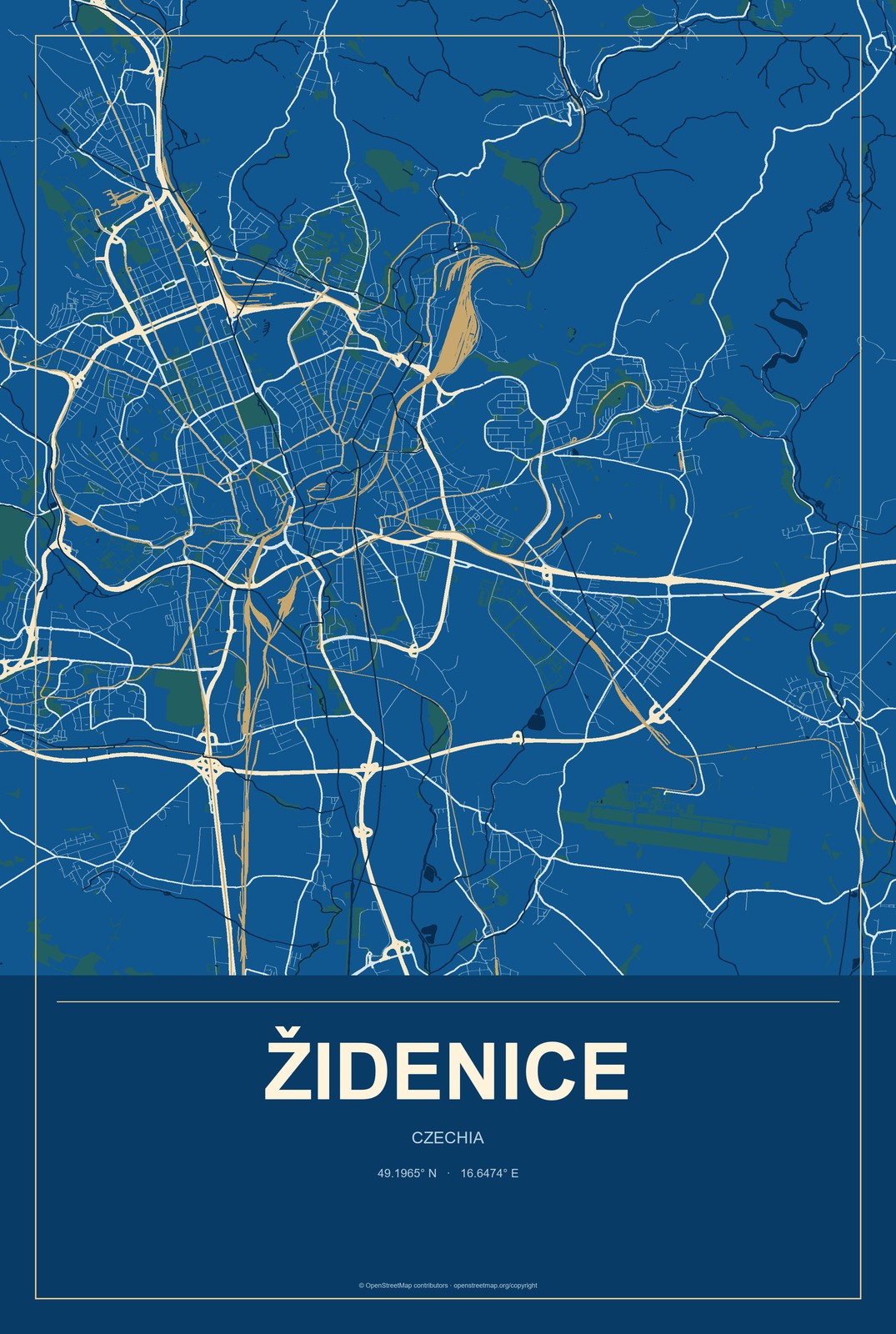 Židenice, Czechia City Map Aluminum Sign in Harbor Cobalt style