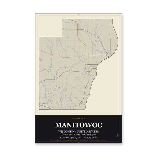 Manitowoc County, Wisconsin Map Aluminum Sign in Museum Plaque style