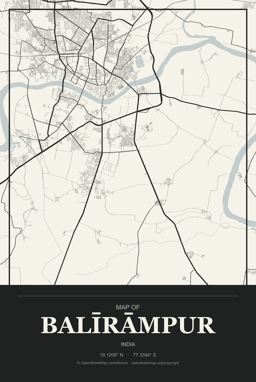 Balīrāmpur, India City Map Aluminum Sign in Museum Plaque style