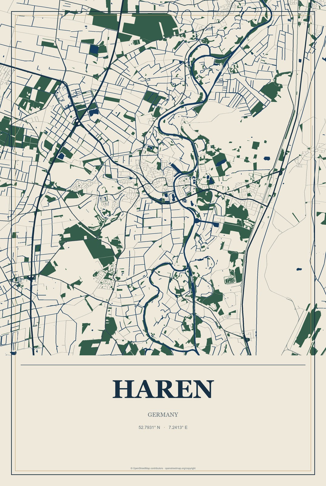 Haren, Germany City Map Aluminum Sign in Coastal Cutout style