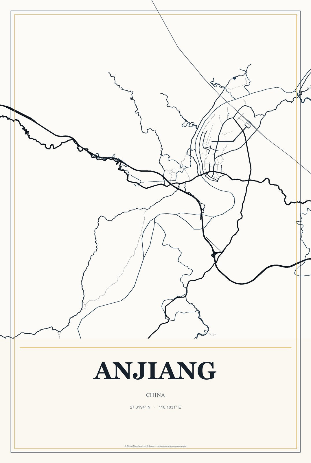 Anjiang, China City Map Aluminum Sign in Citrine Modern style