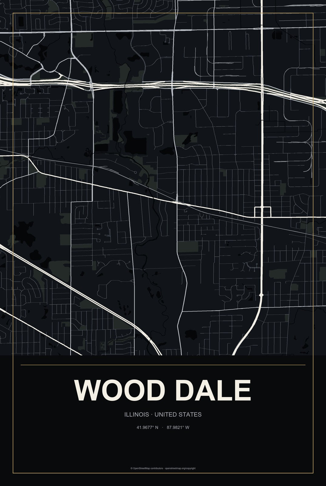 Wood Dale, Illinois City Map Aluminum Sign in Metropolitan Noir style