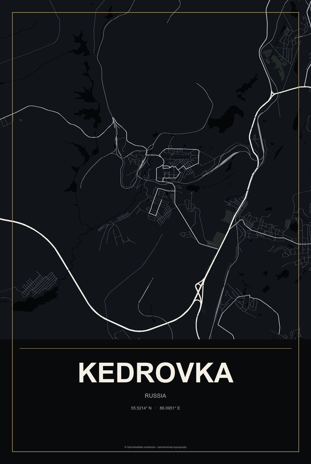 Kedrovka, Russia City Map Aluminum Sign in Metropolitan Noir style