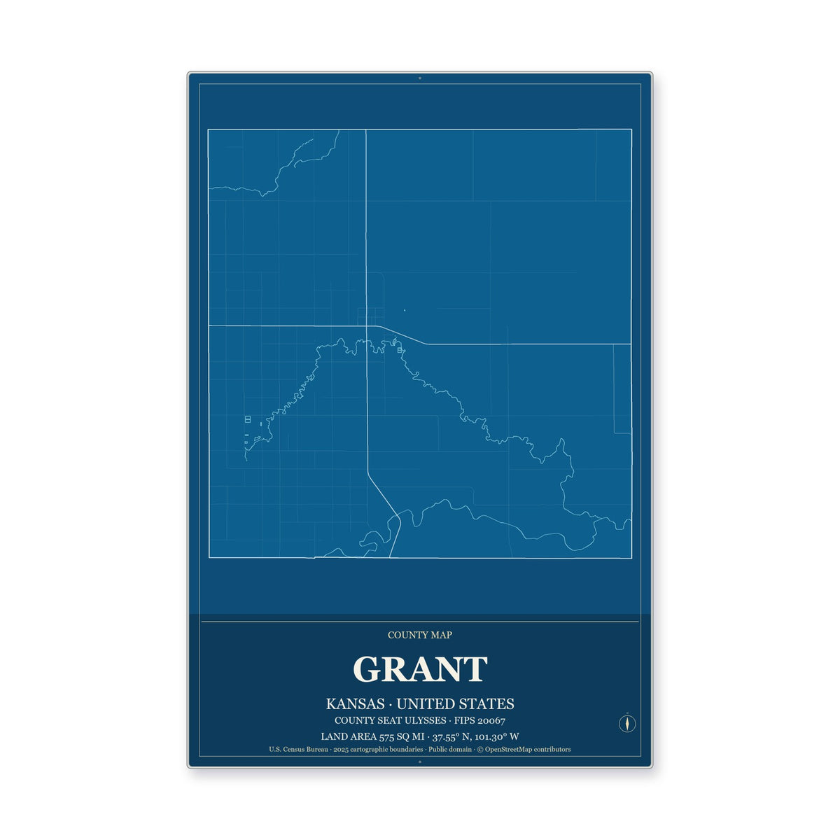Grant County, Kansas Map Aluminum Sign in Harbor Cobalt style