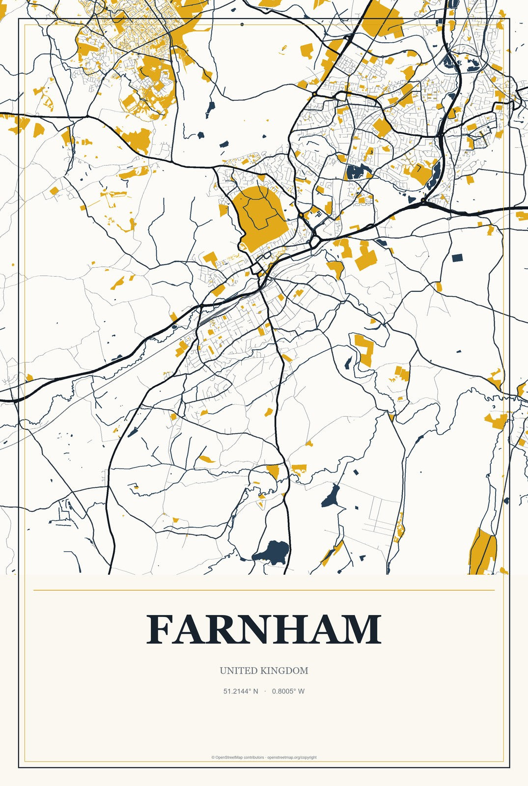 Farnham, United Kingdom City Map Aluminum Sign in Citrine Modern style