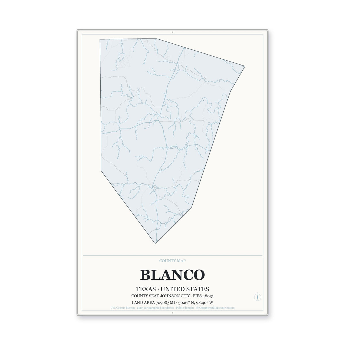 Blanco County, Texas Map Aluminum Sign in Gallery Air style