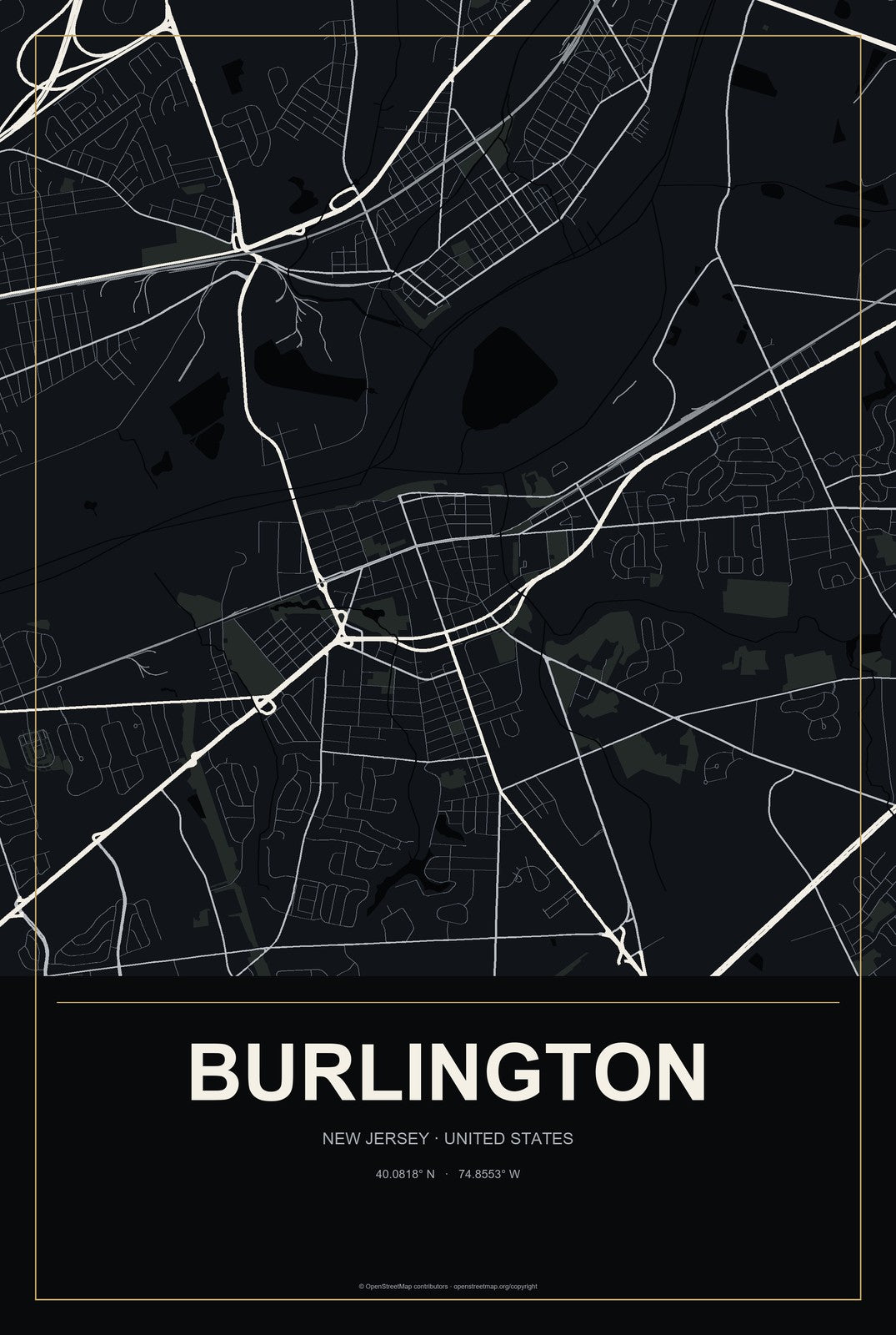 Burlington, New Jersey City Map Aluminum Sign in Metropolitan Noir style