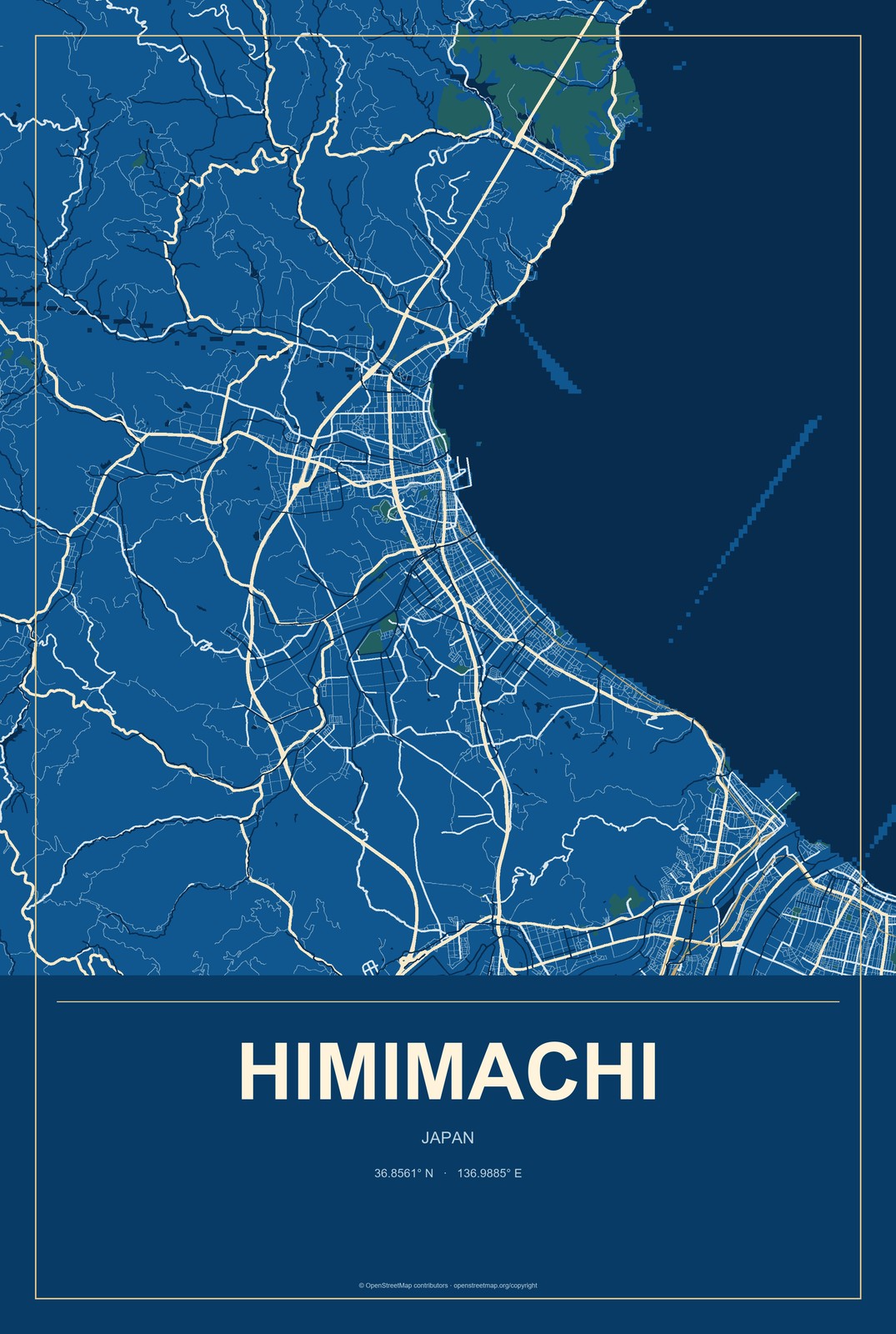 Himimachi, Japan City Map Aluminum Sign in Harbor Cobalt style