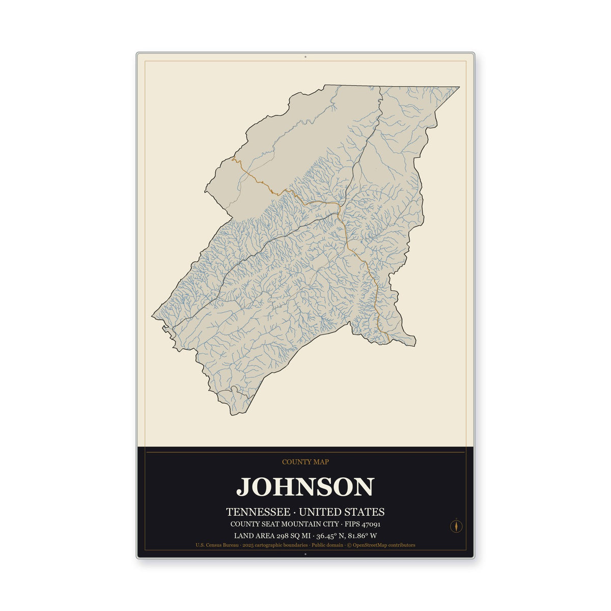 Johnson County, Tennessee Map Aluminum Sign in Museum Plaque style