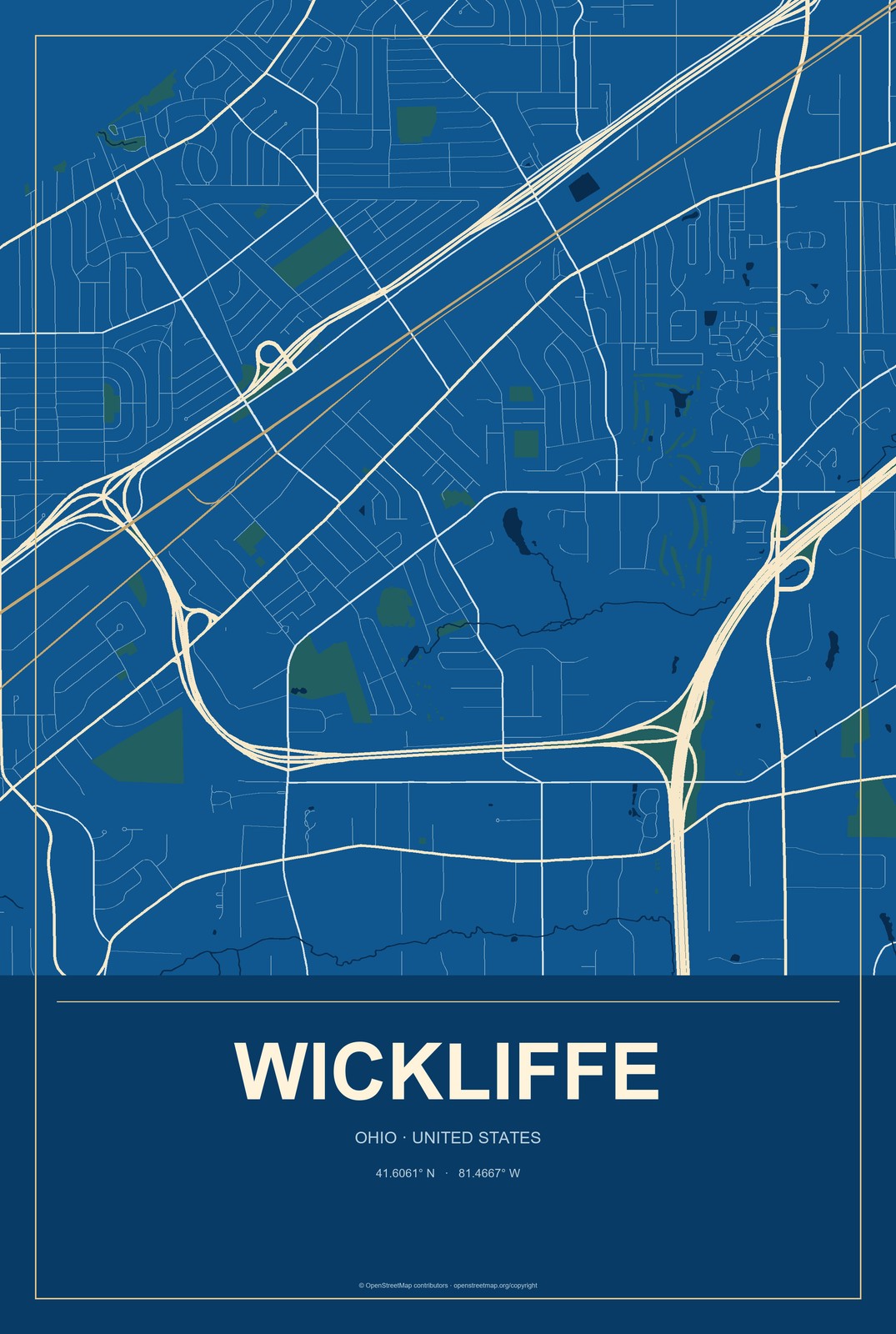 Wickliffe, Ohio City Map Aluminum Sign in Harbor Cobalt style