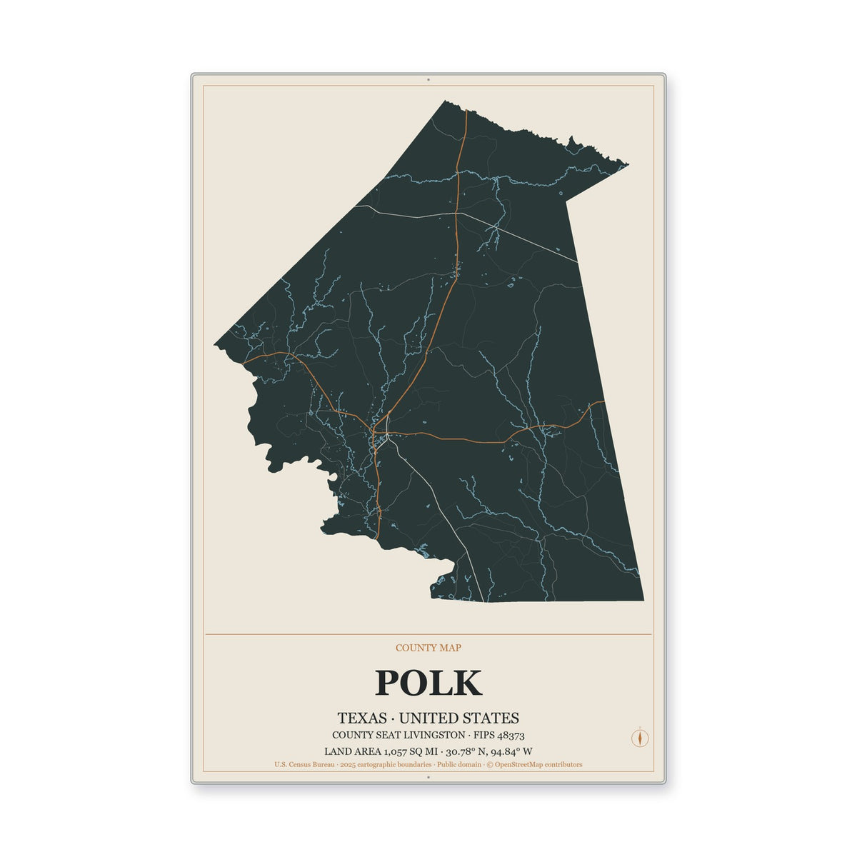 Polk County, Texas Map Aluminum Sign in Headline Atlas style