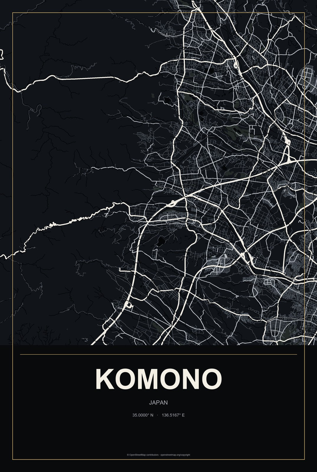 Komono, Japan City Map Aluminum Sign in Metropolitan Noir style