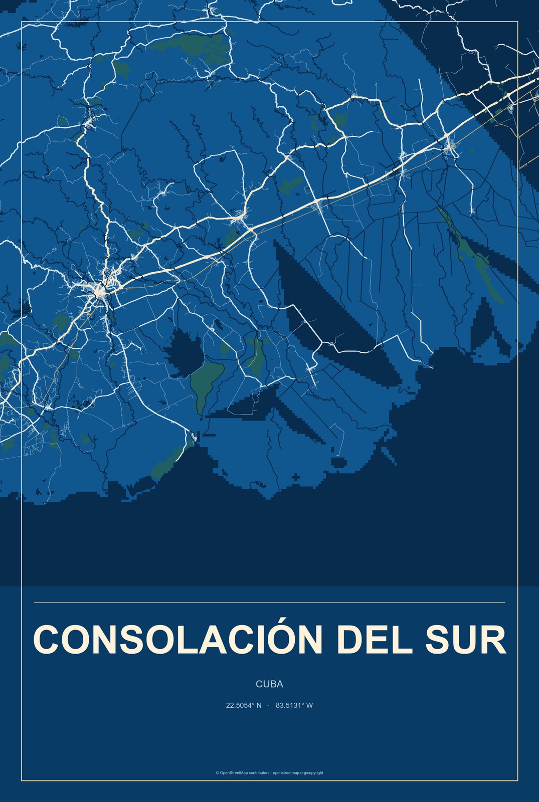 Consolación del Sur, Cuba City Map Aluminum Sign in Harbor Cobalt style
