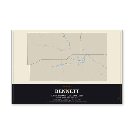 Bennett County, South Dakota Map Aluminum Sign in Museum Plaque style