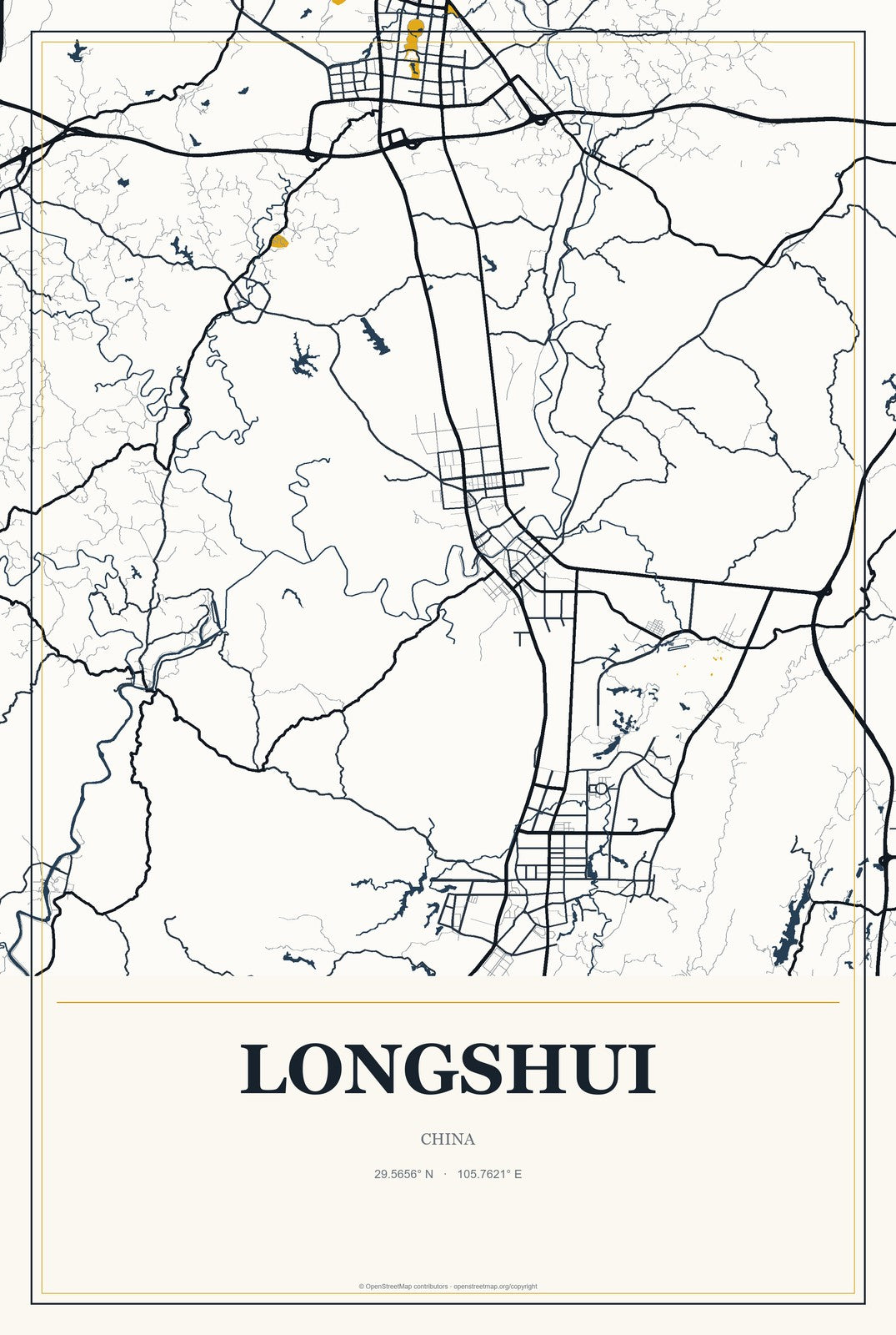 Longshui, China City Map Aluminum Sign in Citrine Modern style