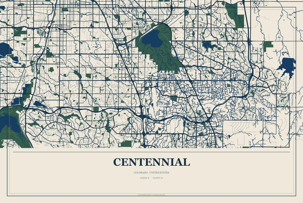 Centennial, Colorado City Map Aluminum Sign in Coastal Cutout style
