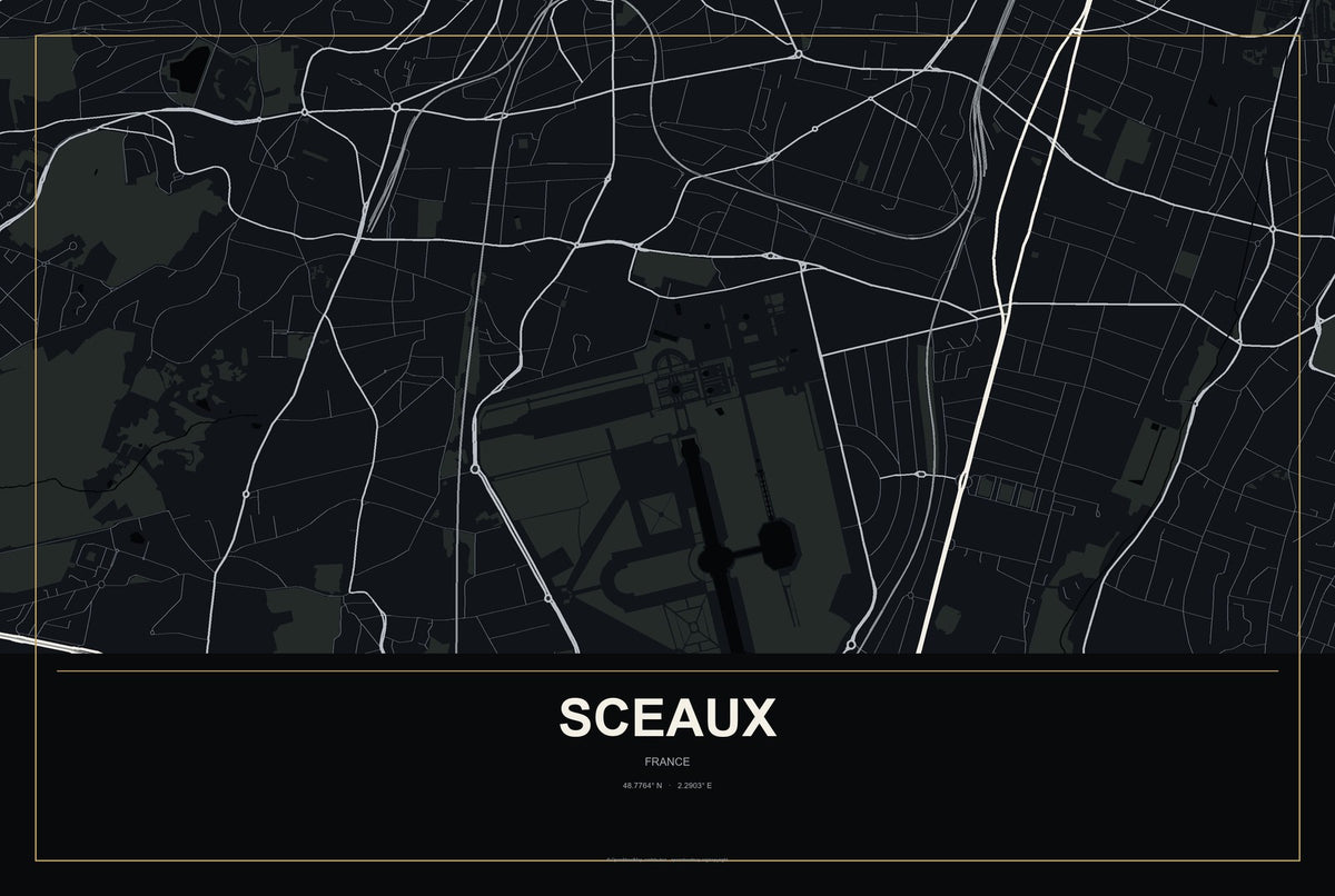 Sceaux, France City Map Aluminum Sign in Metropolitan Noir style