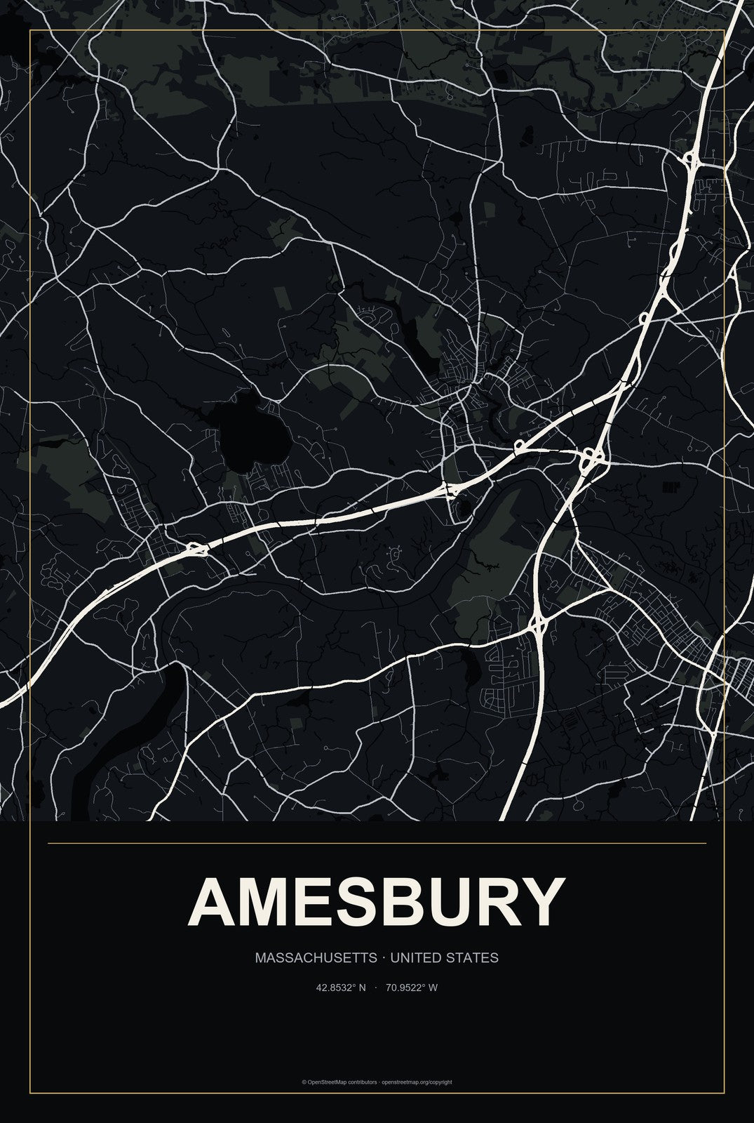 Amesbury, Massachusetts City Map Aluminum Sign in Metropolitan Noir style