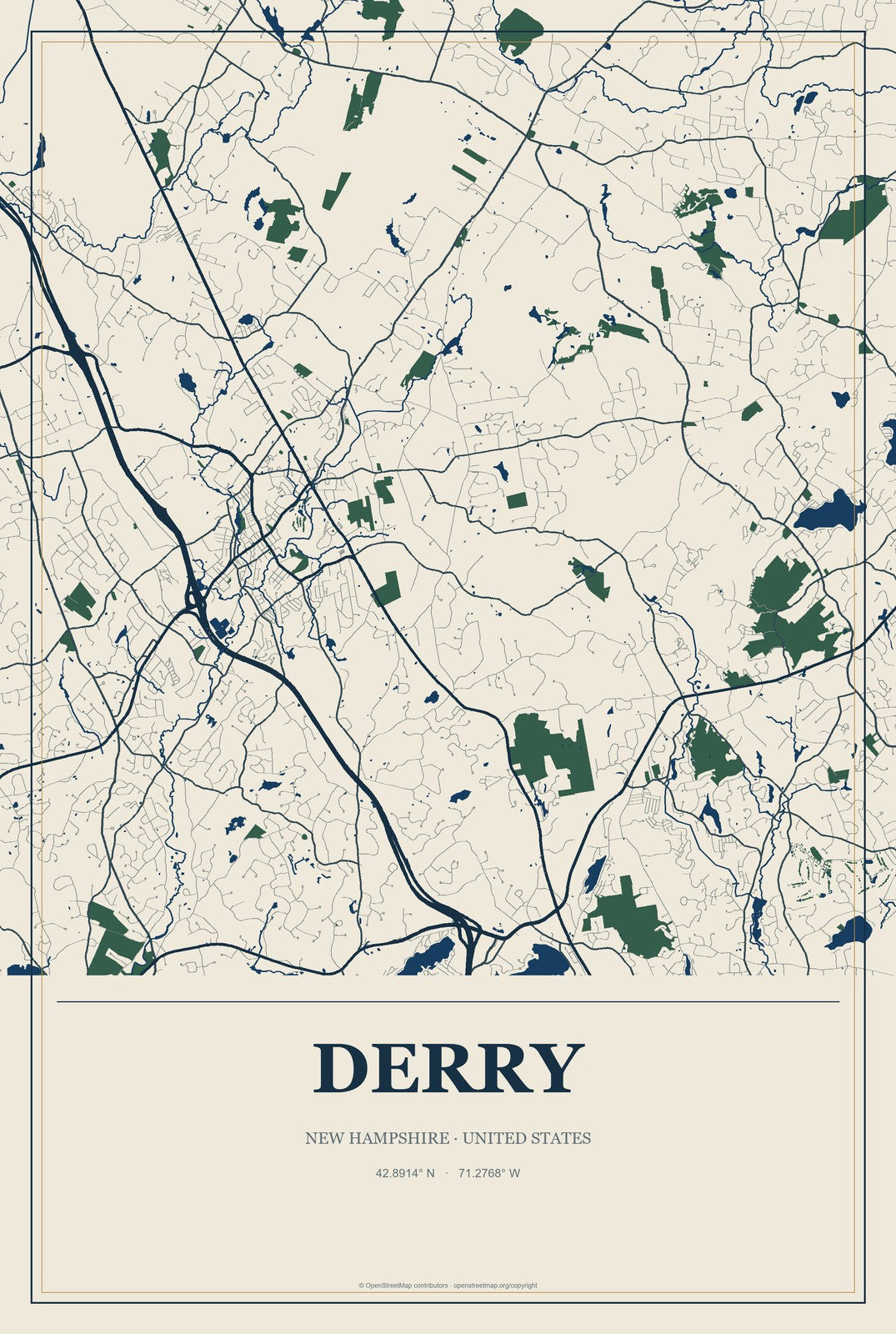 Derry, New Hampshire City Map Aluminum Sign in Coastal Cutout style