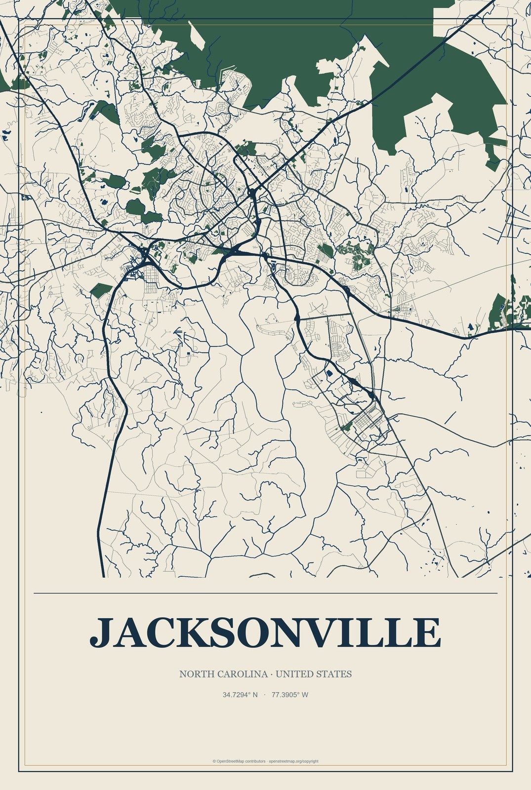 Jacksonville, North Carolina City Map Aluminum Sign in Coastal Cutout style