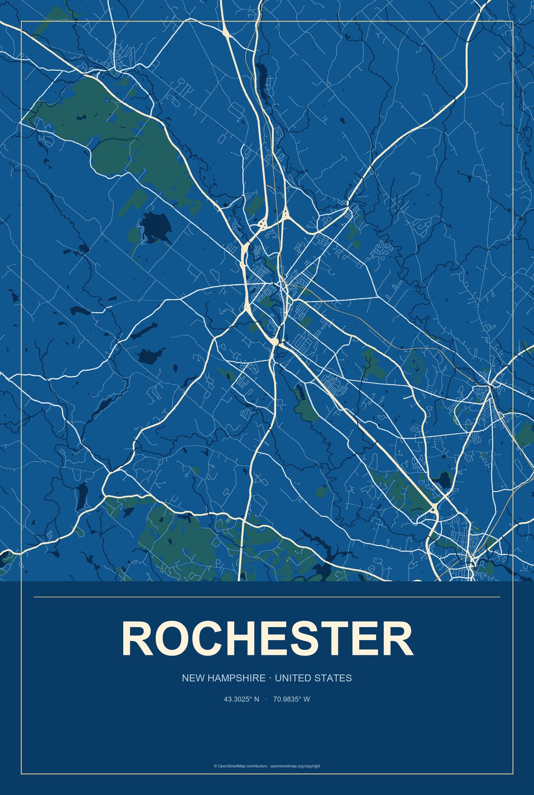 Rochester, New Hampshire City Map Aluminum Sign in Harbor Cobalt style