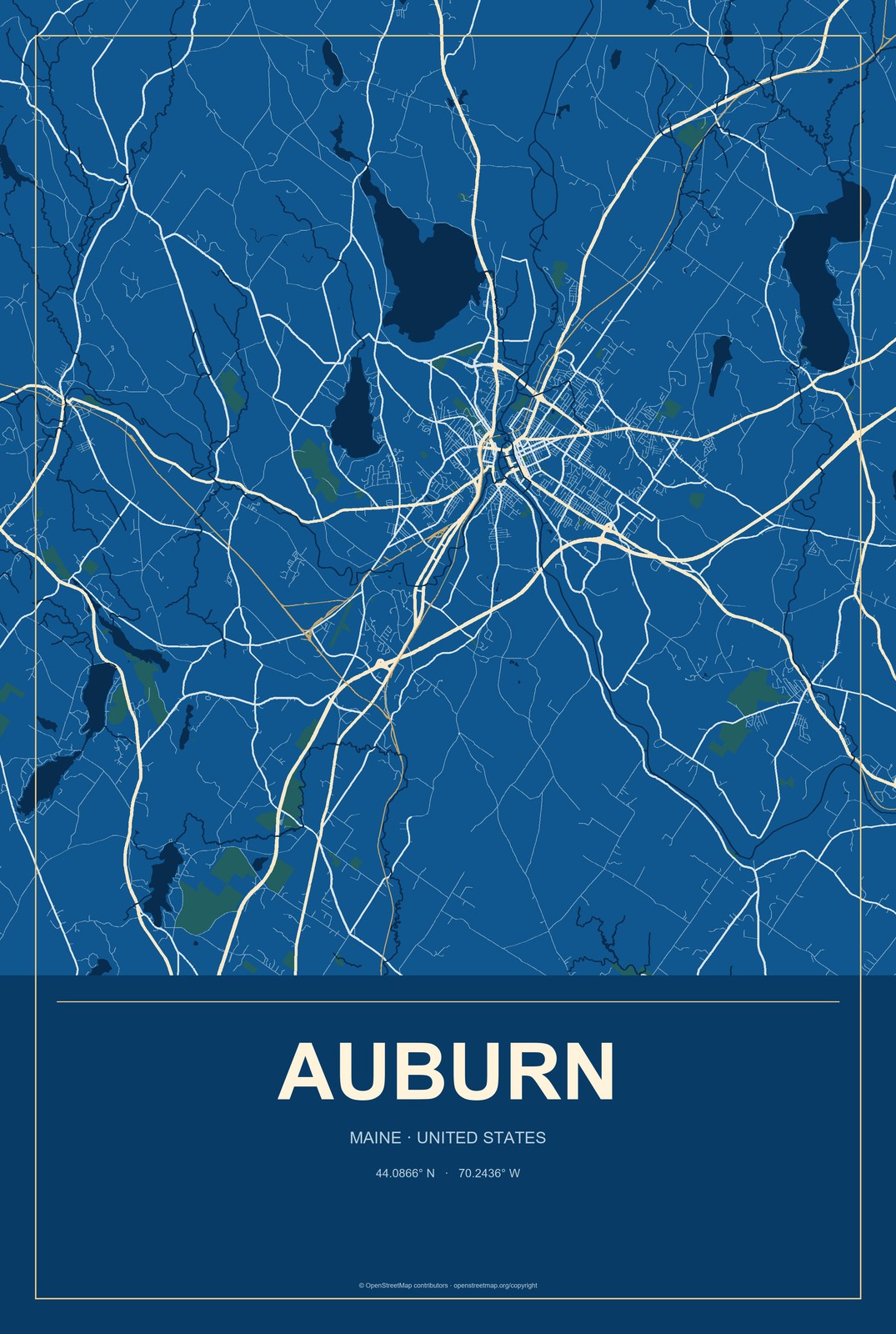 Auburn, Maine City Map Aluminum Sign in Harbor Cobalt style