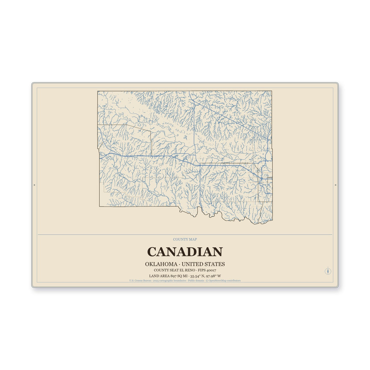 Canadian County, Oklahoma Map Aluminum Sign in Heritage Nautical style