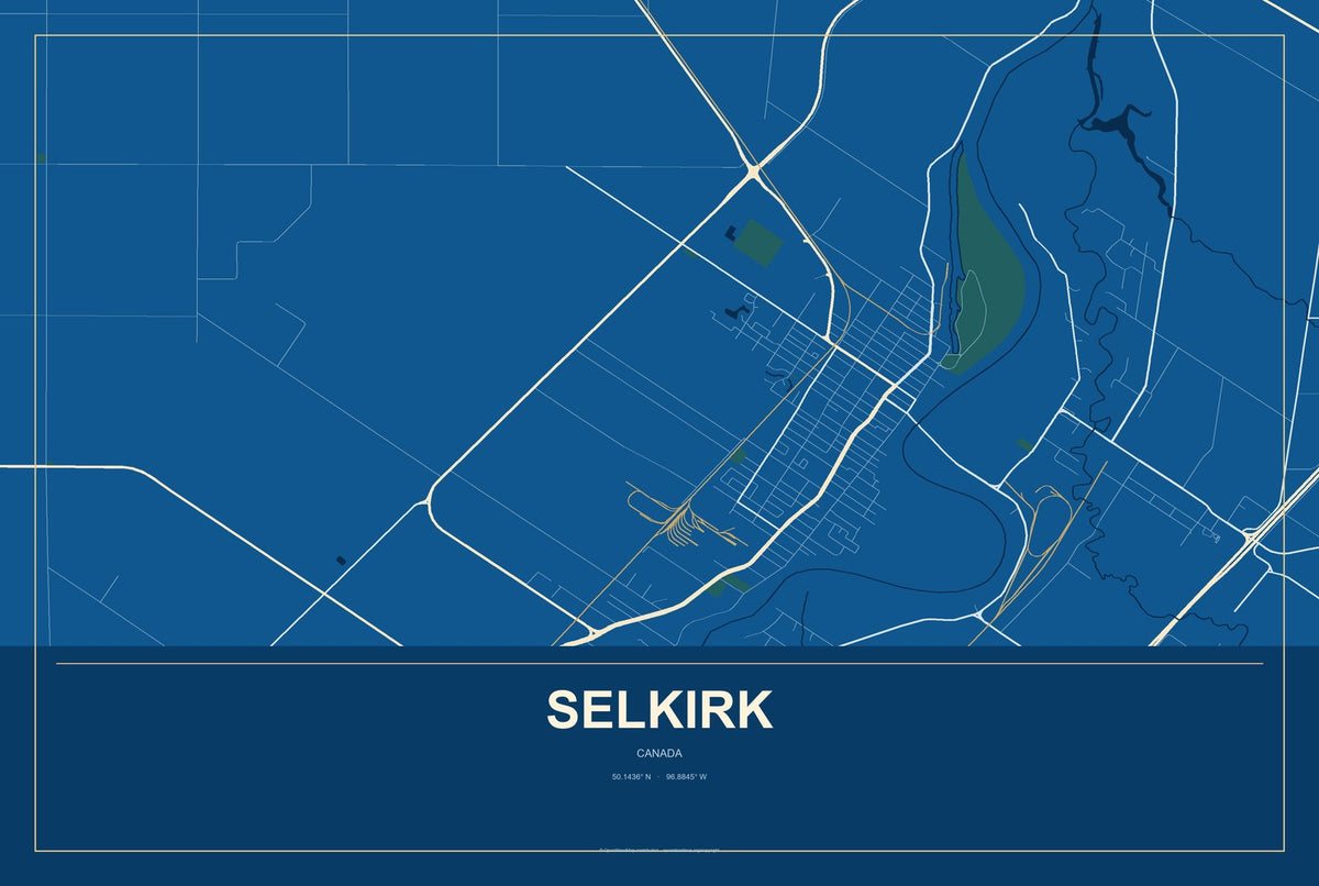 Selkirk, Canada City Map Aluminum Sign in Harbor Cobalt style