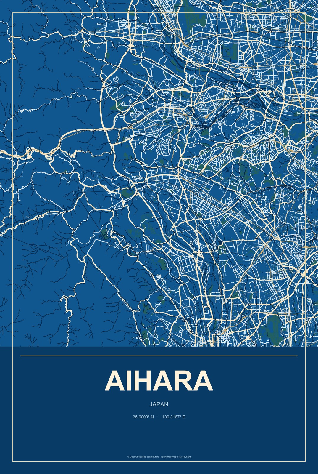 Aihara, Japan City Map Aluminum Sign in Harbor Cobalt style