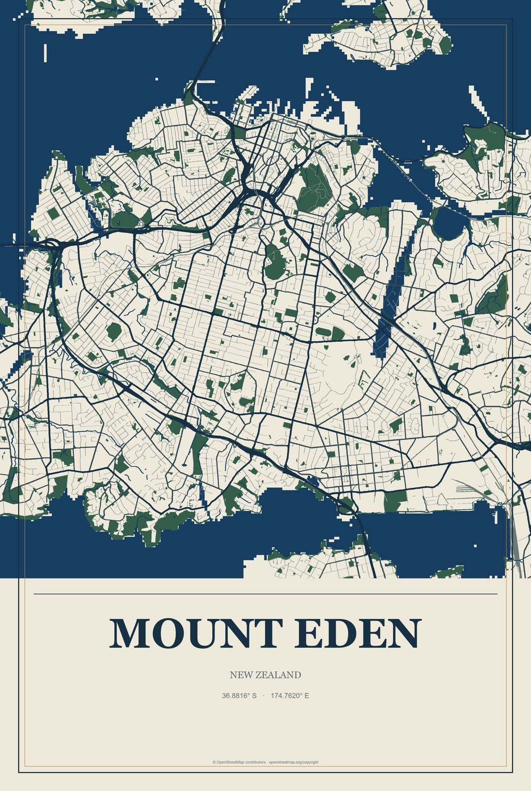 Mount Eden, New Zealand City Map Aluminum Sign in Coastal Cutout style