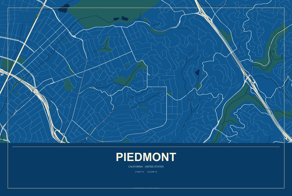 Piedmont, California City Map Aluminum Sign in Harbor Cobalt style