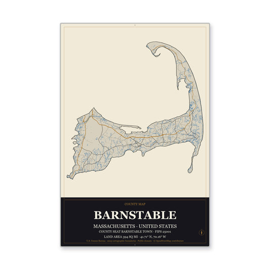 Barnstable County, Massachusetts Map Aluminum Sign in Museum Plaque style