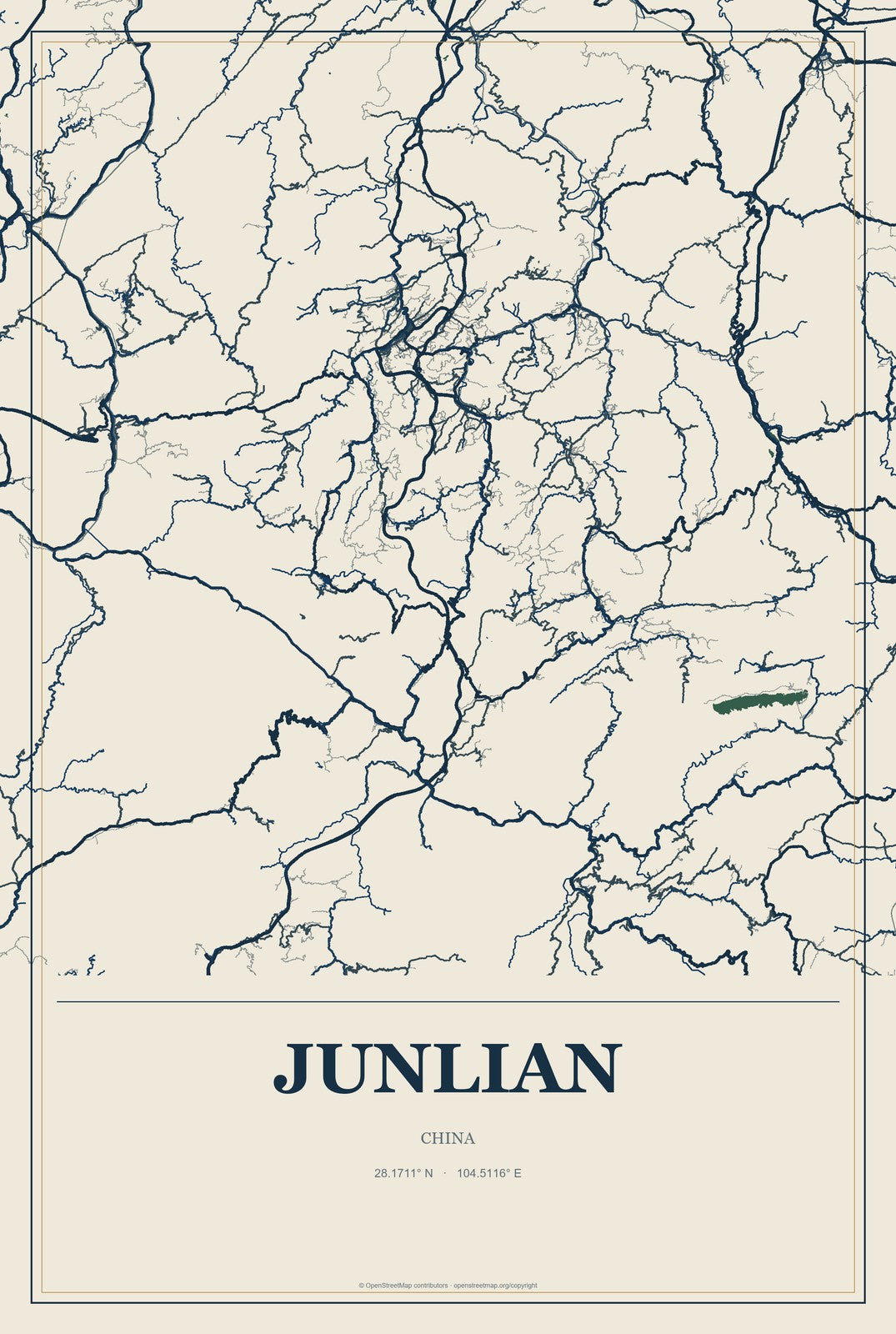 Junlian, China City Map Aluminum Sign in Coastal Cutout style